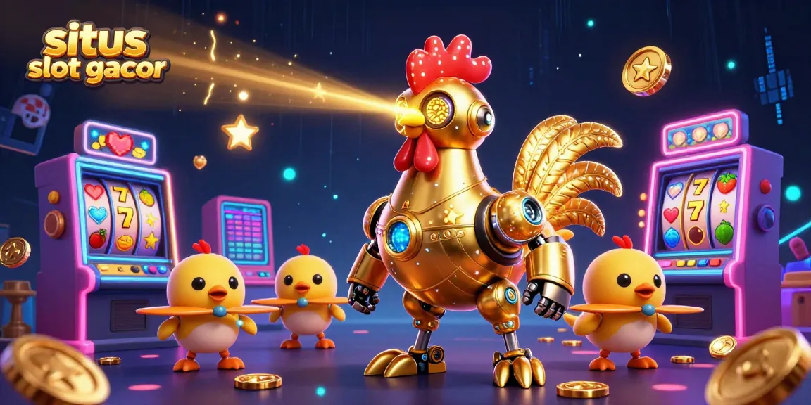 Experience situs slot gacor with vibrant 3D illustration featuring a retro-futuristic rooster robot.