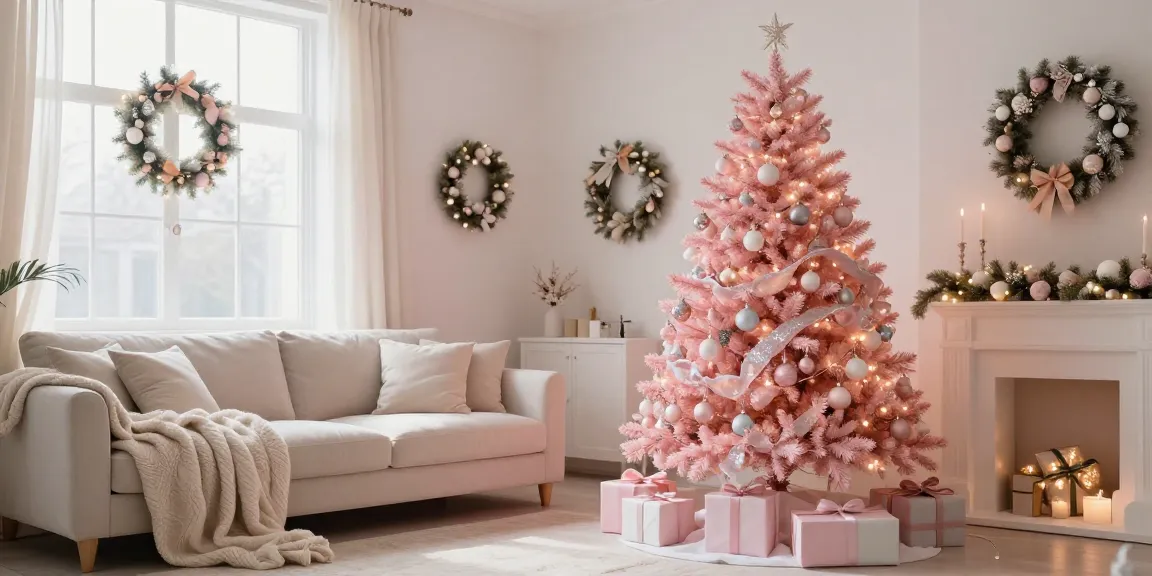 Beautiful pink Christmas tree with pink decor in a cozy living room.