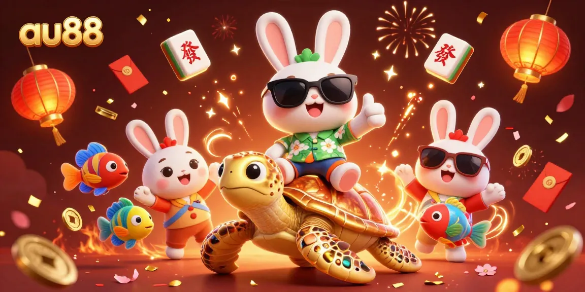 Experience the excitement of au88 with a vibrant 3D illustration of lucky characters and casino elements.