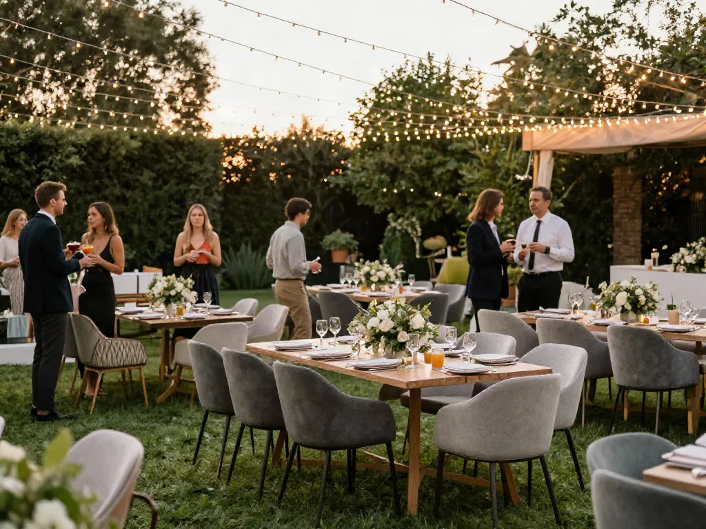 Event furniture rental setup showcasing stylish seating and decor in a garden party setting.