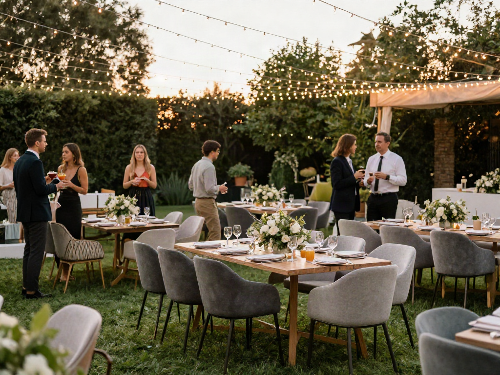 Event furniture rental setup showcasing stylish seating and decor in a garden party setting.