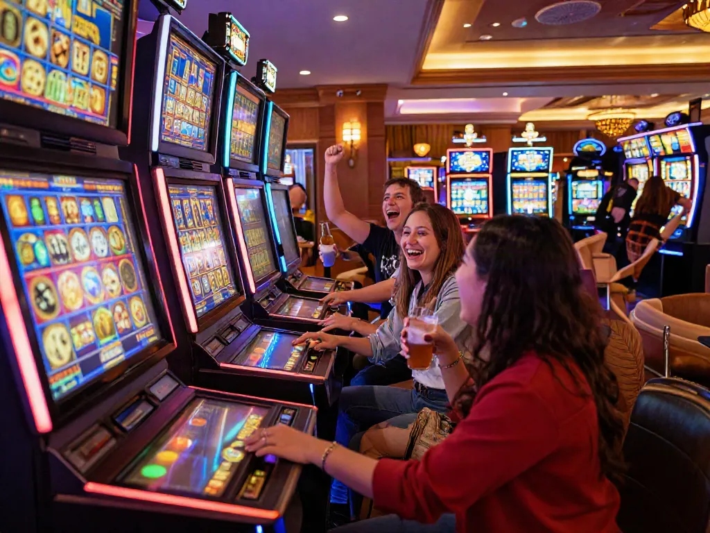Excited players enjoying slot gacor machines in a vibrant casino atmosphere.