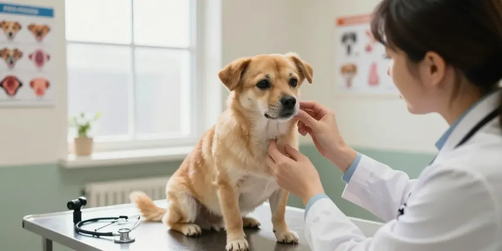 Dog skin tags on a dog's face being examined by a veterinarian in a caring clinic environment