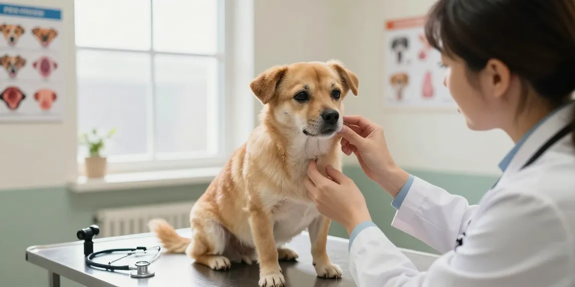 Dog skin tags on a dog's face being examined by a veterinarian in a caring clinic environment