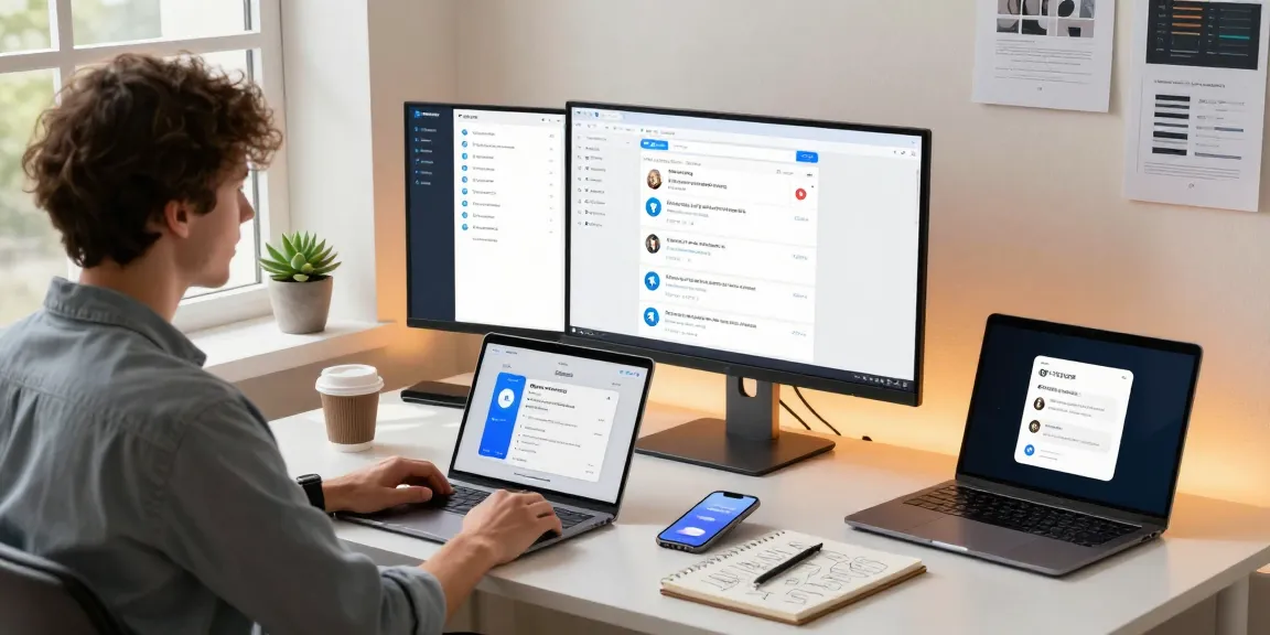 Workspace showcasing productivity with 纸飞机中文版 app and tech elements in a bright office environment.