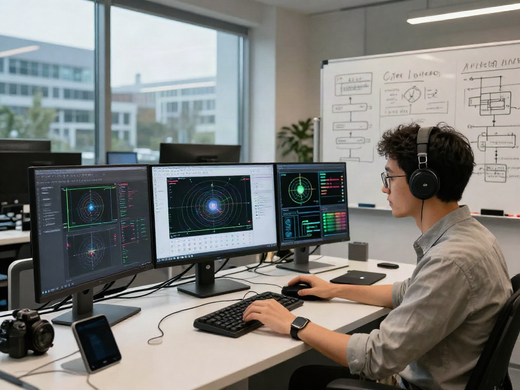 AI Detector analysis in a modern lab with data scientist examining AI-generated images on multiple screens.
