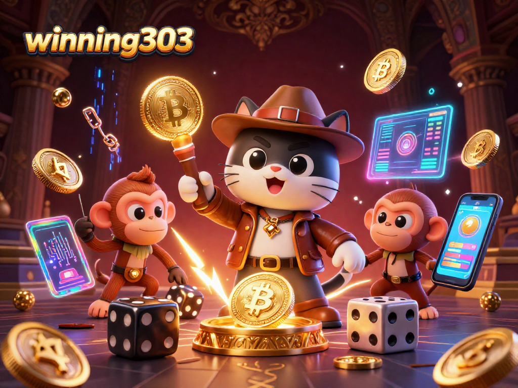 Winning303 captivates gamers with an energetic 3D scene of cat archaeologist discovering casino treasures.