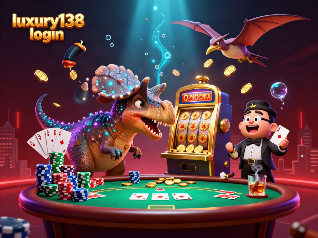 Mengaktifkan luxury138 login dengan mesin slot emas, dinosaurus meriah, dan koin mengalir di kasino.