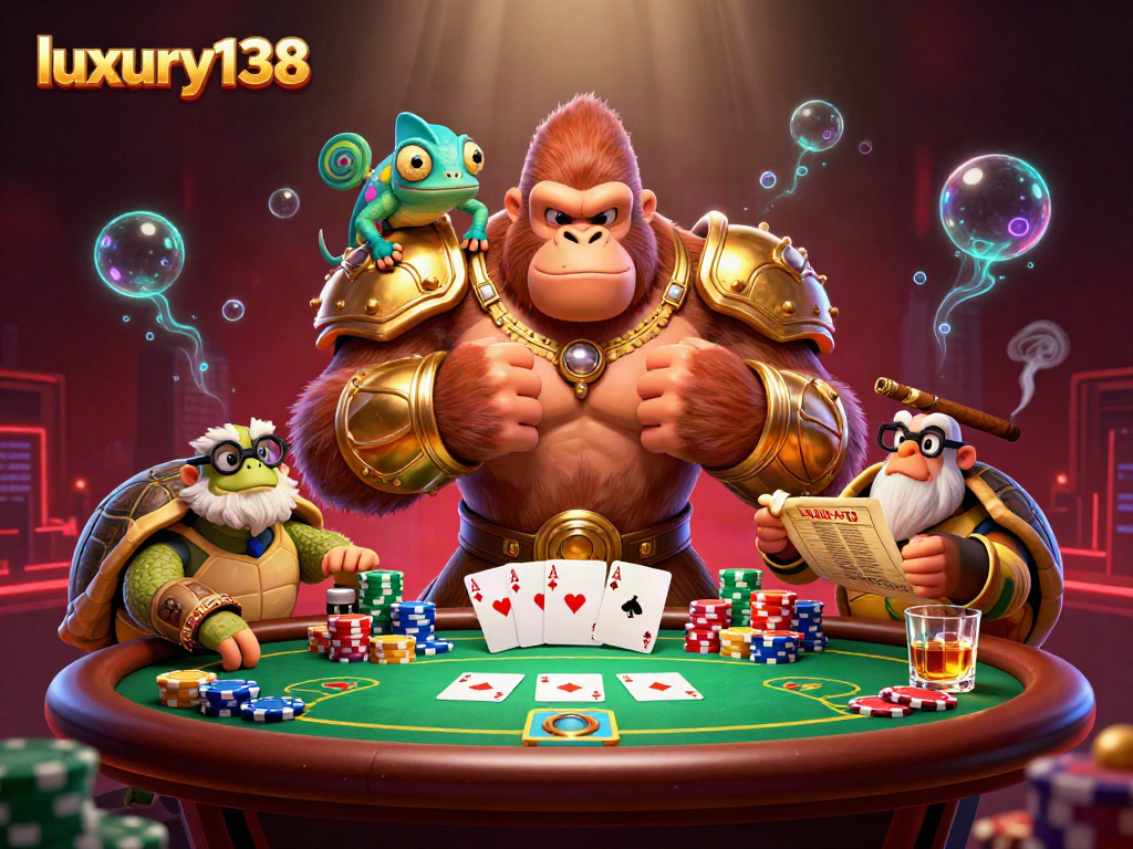 Gorila berarmor emas memimpin aksi judi di luxury138 dengan tumpukan chip poker berwarna-warni.
