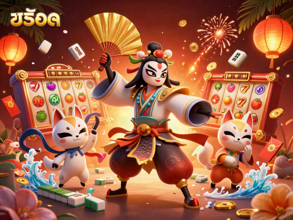 Engage in exciting สล็อต gameplay with vibrant slot machines and animated characters in a lively casino scene.