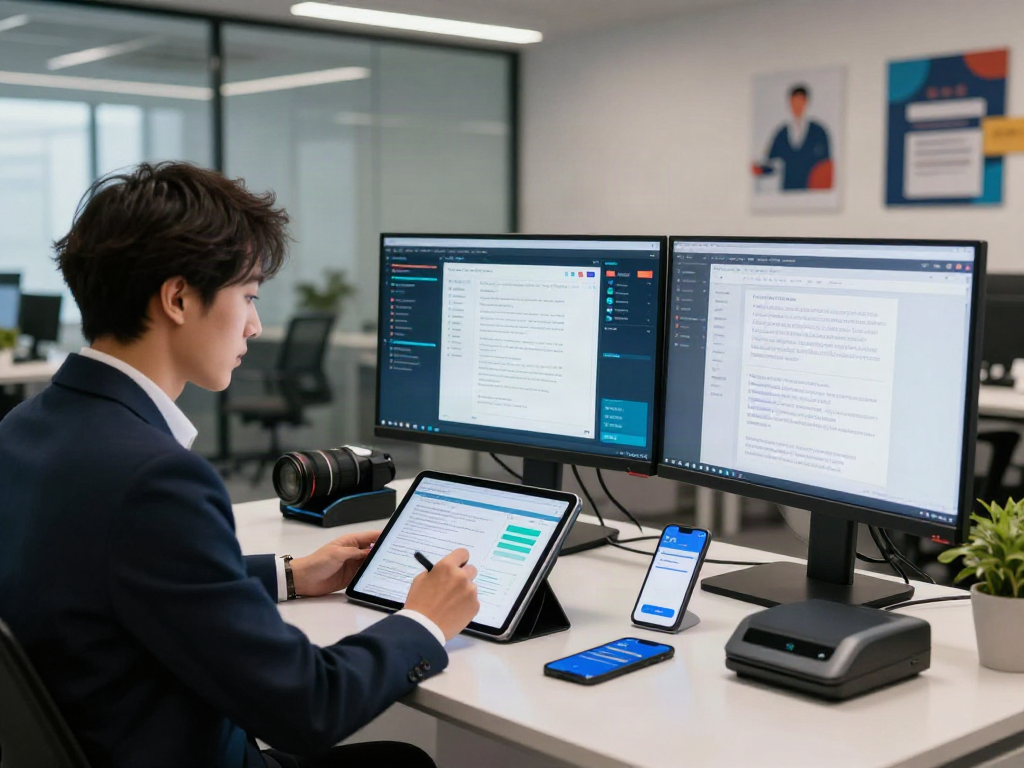 Professional analyzing document fraud detection software in an innovative workspace