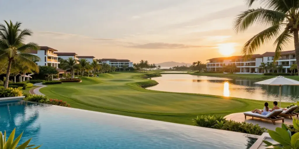 Stunning view of a Phuket low rise luxury condominium with tropical landscapes and golf course.