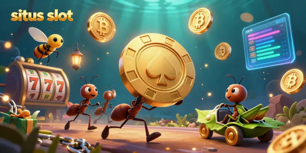 Engage with the vibrant world of situs slot as cartoon ants execute a heist in a tunnel filled with glowing jackpot symbols.