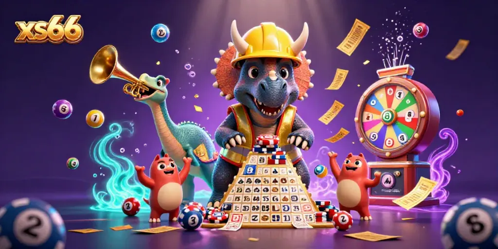 Experience exciting gameplay with xs66 in a 3D cartoon illustration of a triceratops building a poker chip pyramid.