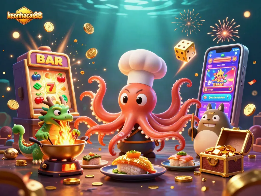 Engage with keonhacai88's dynamic gambling universe filled with colorful characters and explosive slot machines.