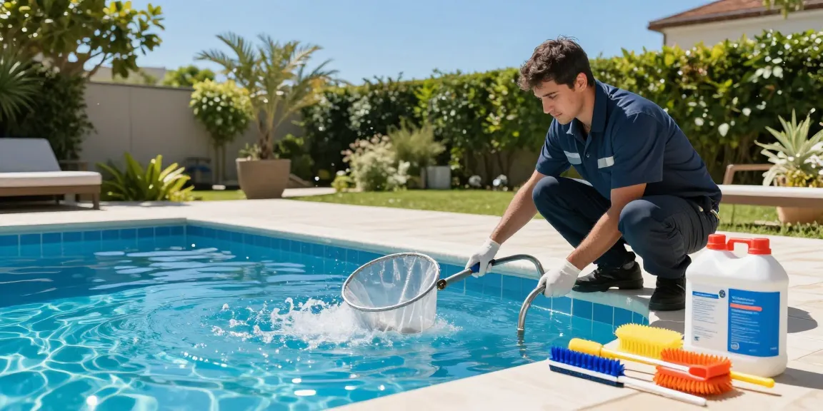 Technician performing servis bazenske tehnike in a beautiful outdoor pool, ensuring its cleanliness and safety.