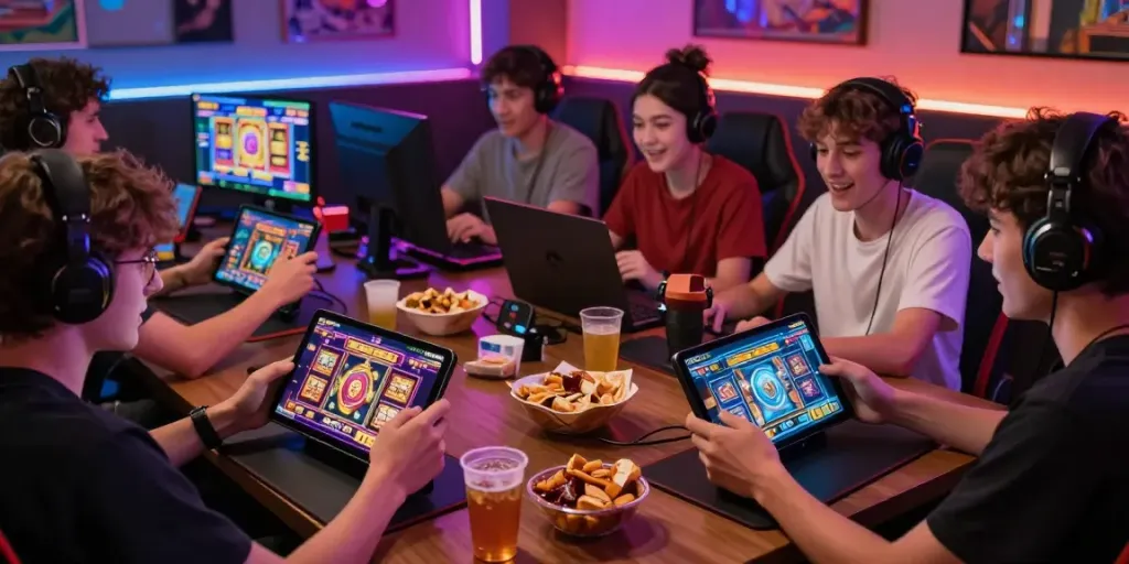Exciting gaming session on server thailand mobile with players engaged in vibrant slot games.
