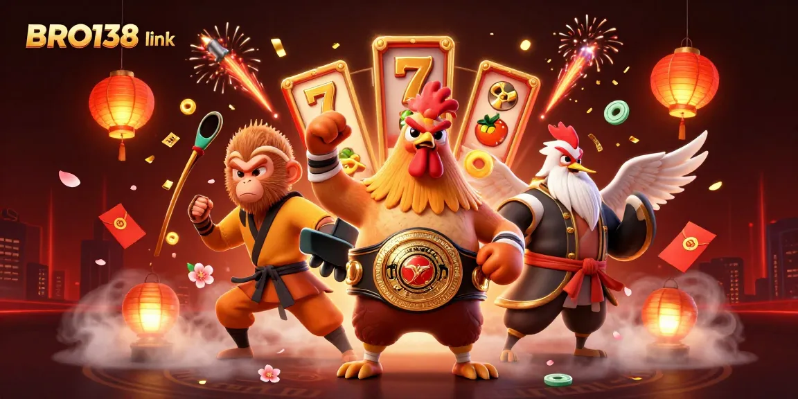 Spin the slots on BRO138 link featuring vibrant 3D characters and casino elements.