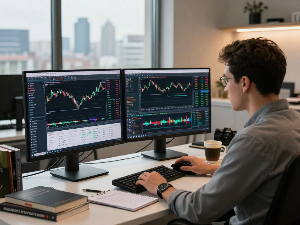 Trader using MetaTrader 5 to analyze charts and market data in a modern office.