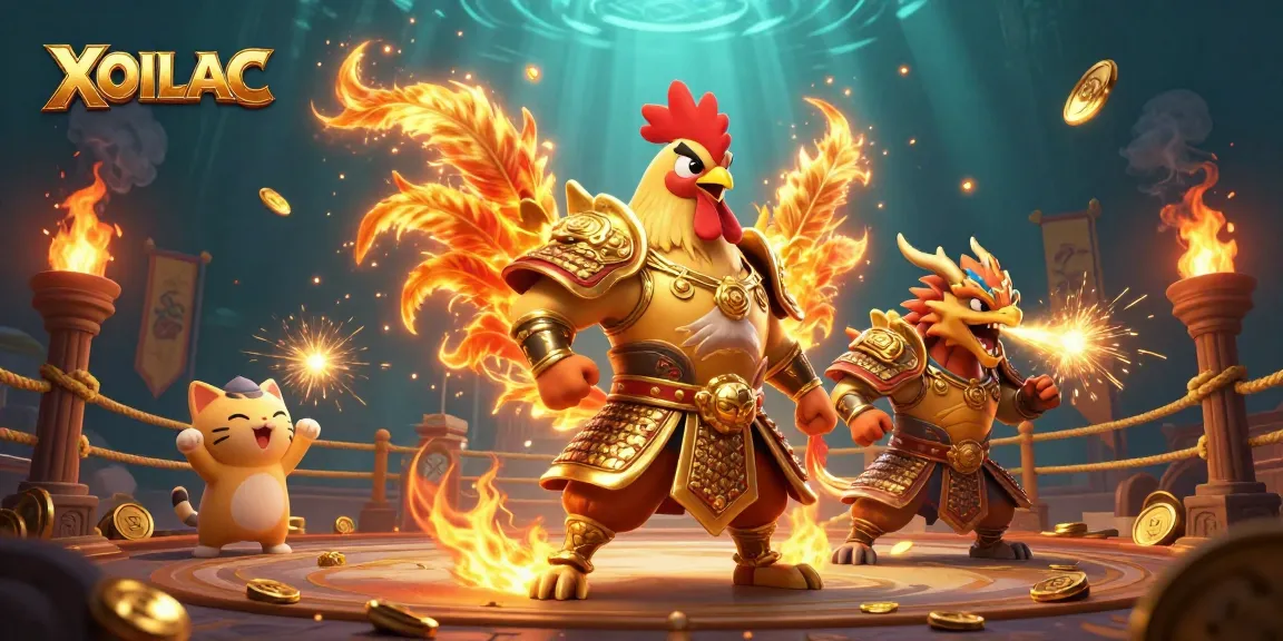 Experience the thrill of XOILAC with a dynamic casino scene featuring a rooster warrior and a dragon.