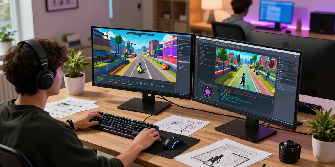 FiveM assets showcased on dual monitors in a lively gaming development workspace, highlighting collaboration and creativity.