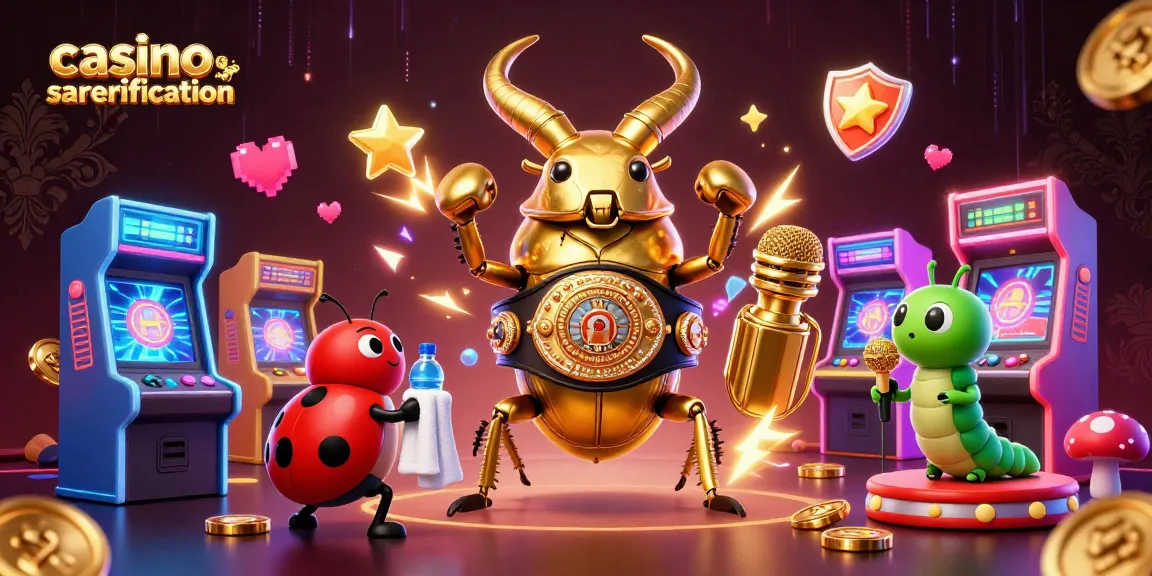 Découvrez le monde du casino sans vérification avec un scarabée doré champion de boxe, entouré de jeux animés