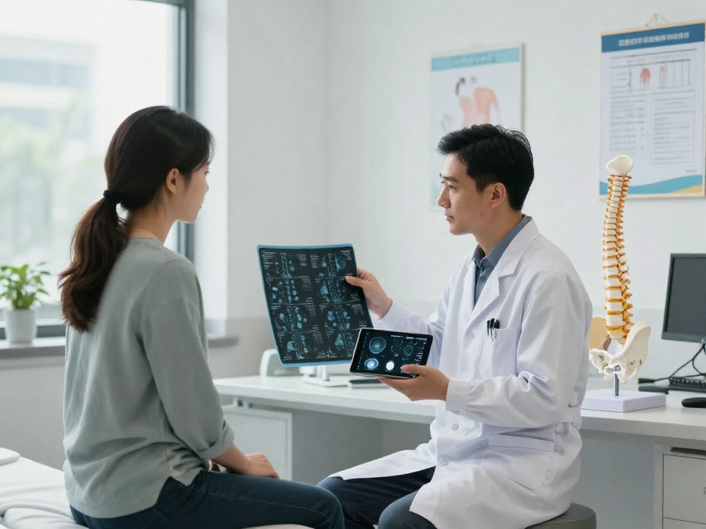 Patient discussing bel fıtığı ameliyatı with orthopedic surgeon, showcasing modern medical consultation environment.