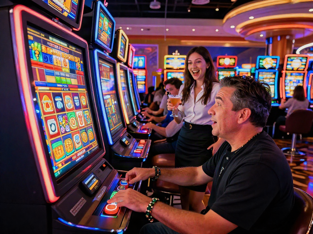 Excited player at casino slot machine celebrating a slot bonus win amid vibrant lights and festive atmosphere.