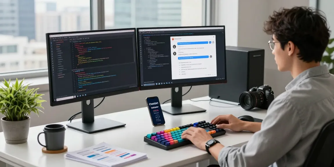 Workspace with developer reviewing ChatGPT alternatives on monitors, featuring advanced tech gear and a sleek office setting for innovative AI development.