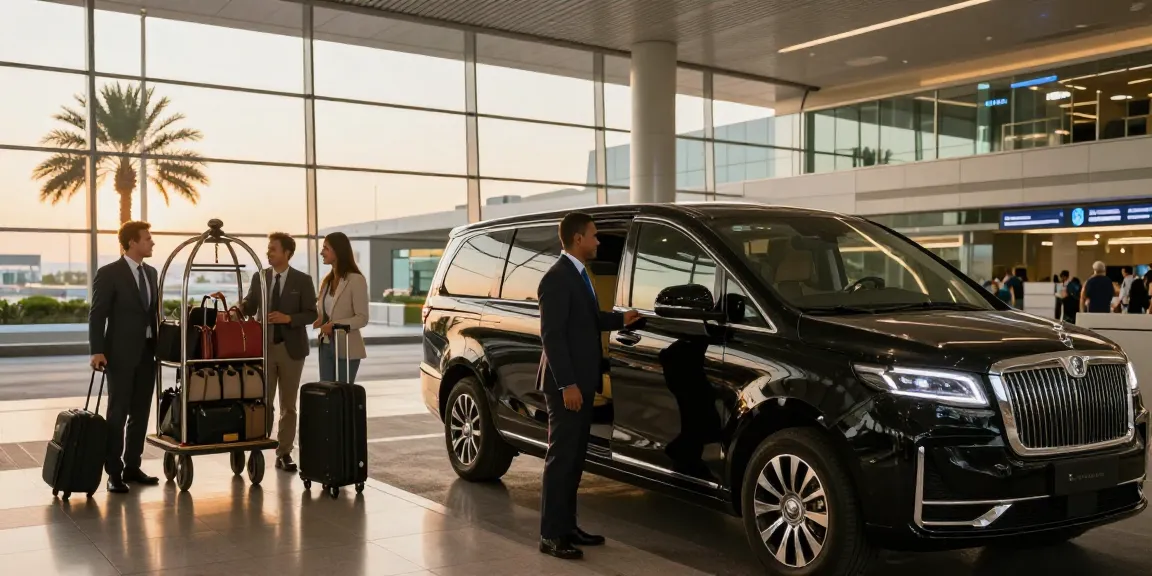 Airport transfer dubai luxury with professional chauffeur and premium SUV at Dubai International Airport.