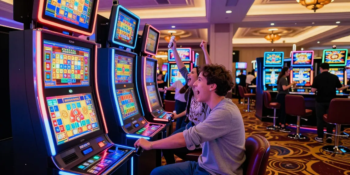 A person plays a slot machine at a vibrant casino with cheering friends nearby.