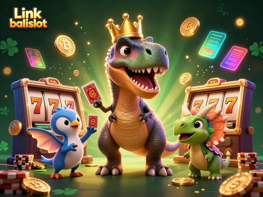 Engage with Link balislot's fun-filled 3D illustration featuring a T-Rex shuffling cards and a baby triceratops stacking chips.