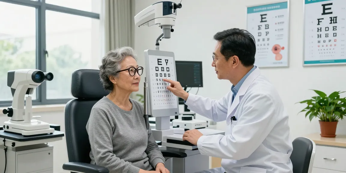 黄斑病變檢查 being demonstrated in a modern clinic with an elderly woman and eye doctor.
