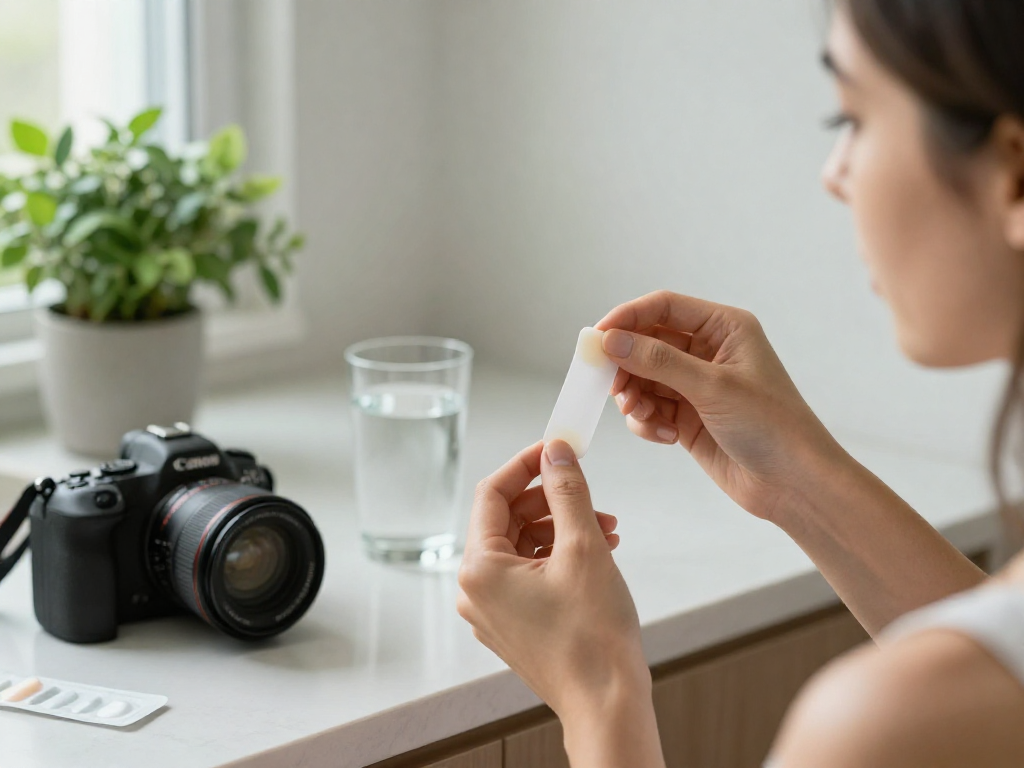 BPC 157 Side Effects illustrated by a person using a buccal strip in a calm, healthy setting, emphasizing self-care.