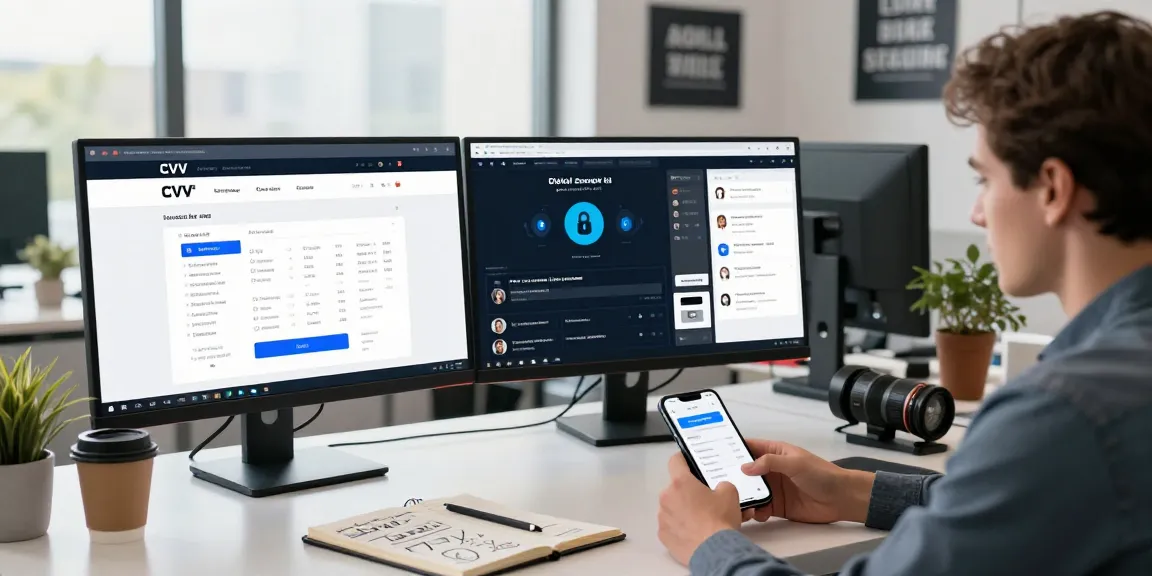 Focused individual at desk engaging with a secure cvv store interface in a modern workspace