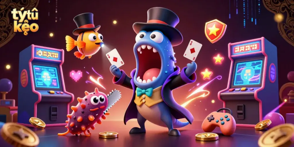 Experience the thrill of tỷ lệ kèo with magical 3D characters performing captivating tricks in a vibrant casino scene.