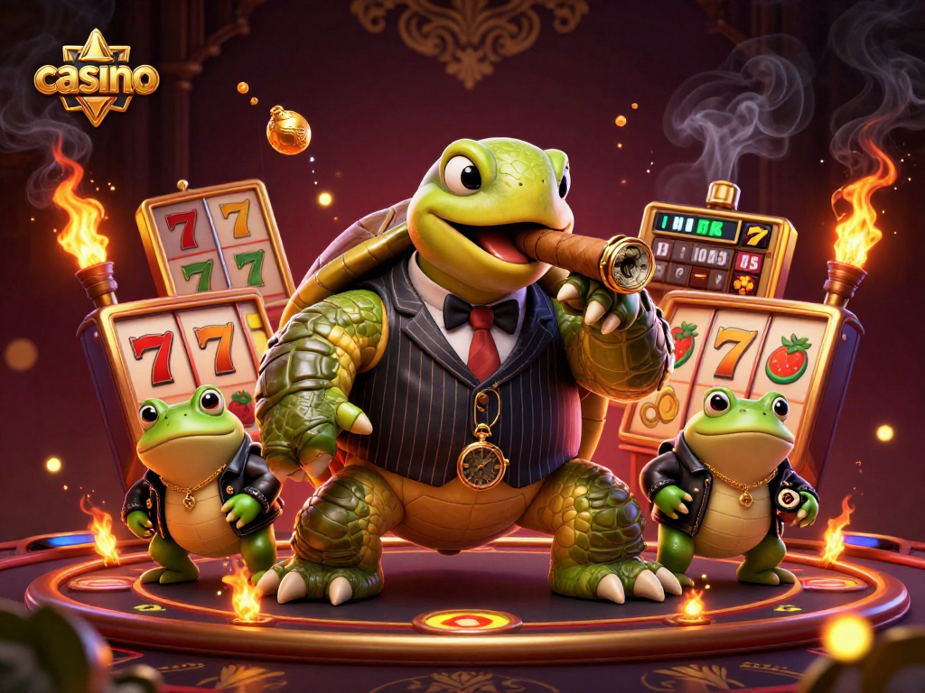Engage in casino excitement with a vibrant scene featuring a turtle mobster and slot elements.