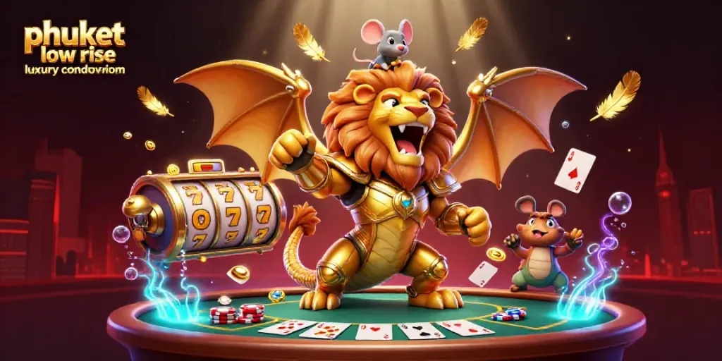Experience luxury living at phuket low rise luxury condominium with exciting casino action, featuring a golden chimera and vibrant game elements.