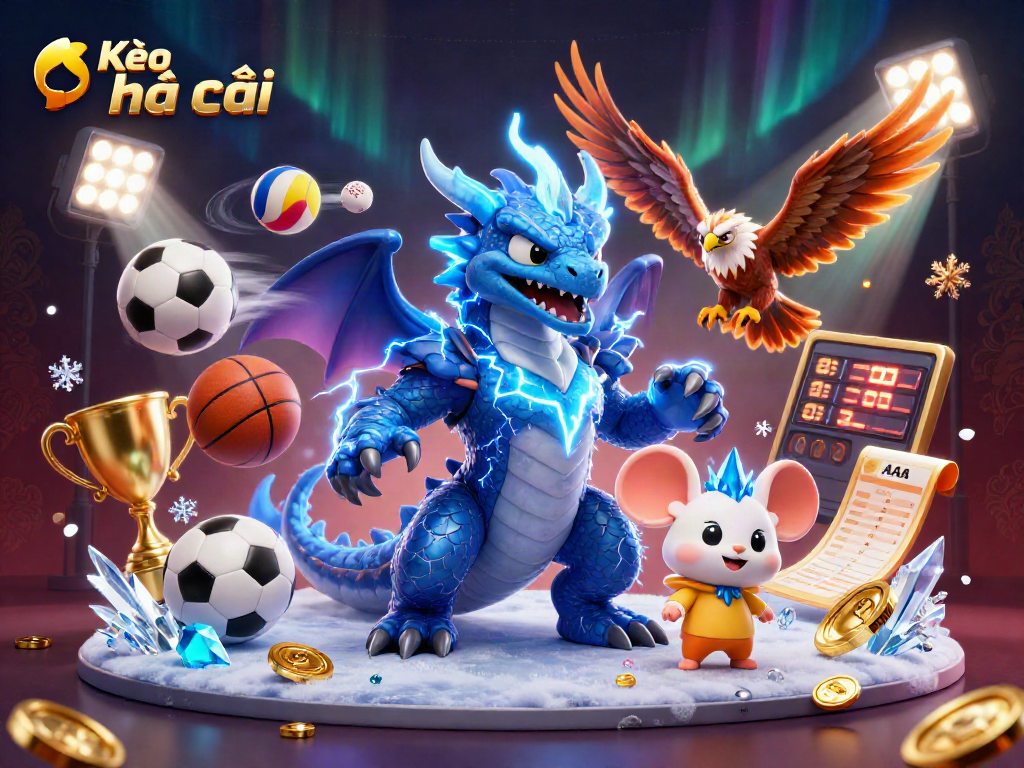 Kèo nhà cái showcases thrilling sports betting elements with cartoon dragons and dynamic action.