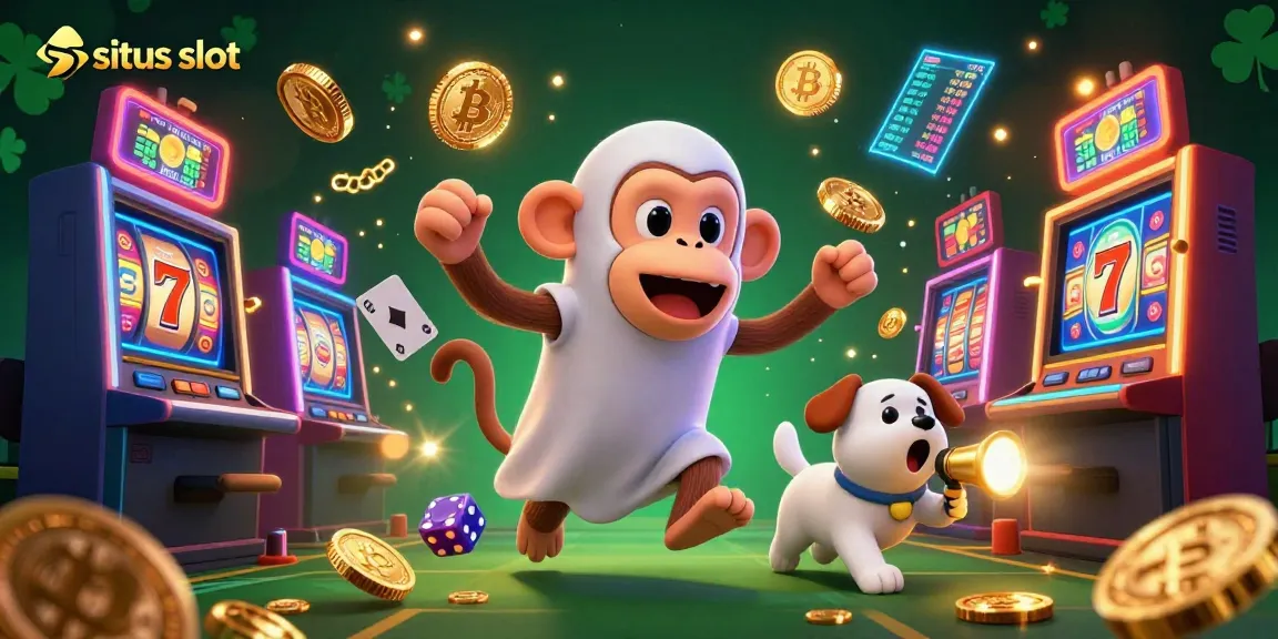 Situs slot illustration showcasing an energetic casino scene with a mischievous monkey juggling gold objects and a curious puppy in pursuit.