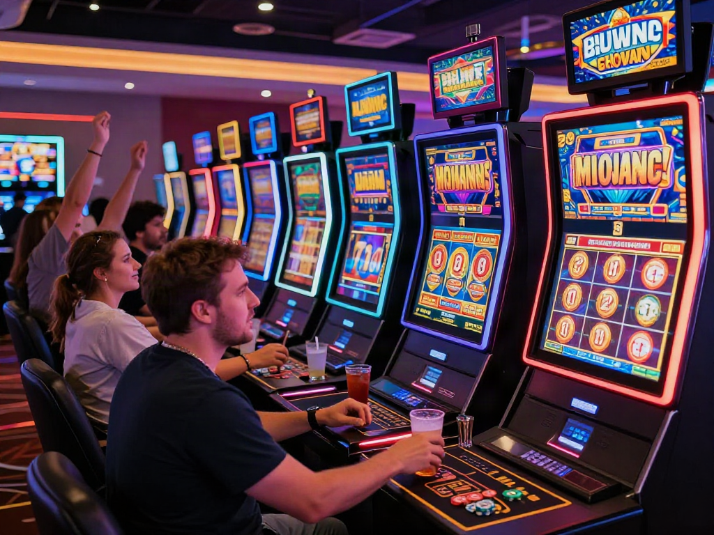 Exciting casino scene showing players celebrating a huge slot bonus win amidst colorful lights.