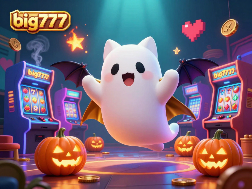 Engage with big777's vibrant casino scene featuring a ghost cat and vampire bat amidst slot machines.