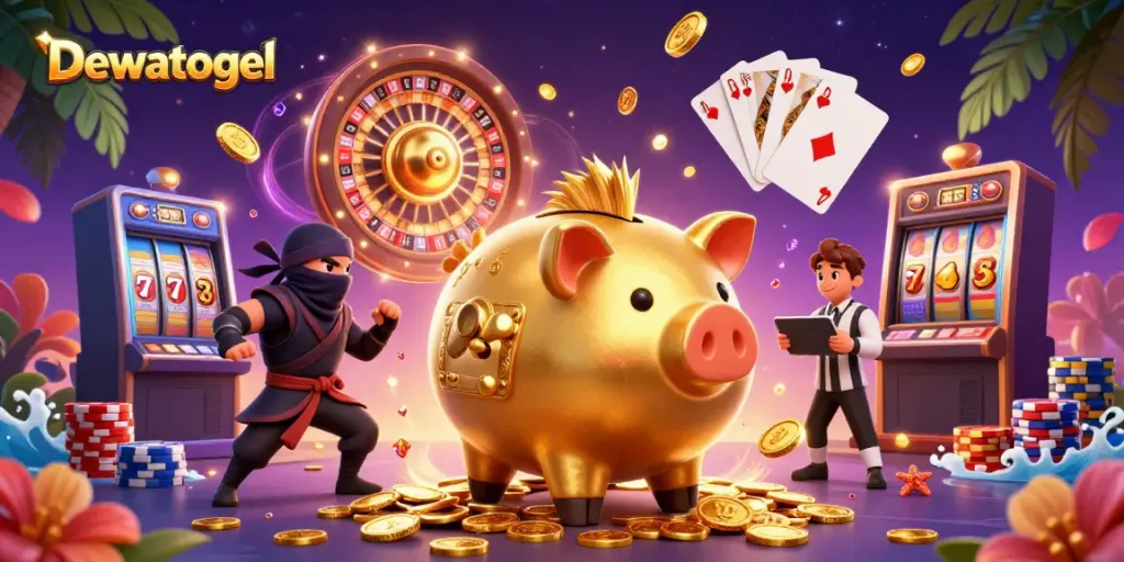 Engage the excitement of Dewatogel with a golden piggy bank sumo wrestler and dynamic casino elements.