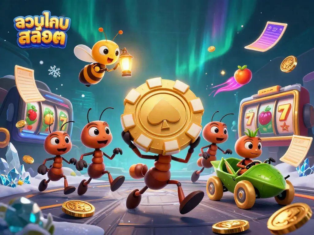 Engage with รวมเกมสล็อต as ants heist a giant chip amid colorful slot elements in a dynamic casino heist scene.
