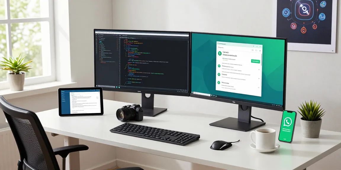 Developer using WhatsApp網頁版 in a modern workspace with dual monitors and tech gadgets.