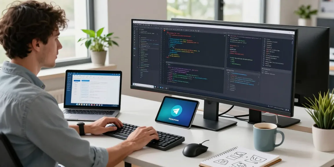 Developer at standing desk debugging code and using telegramin-cn.com with innovative tech workspace design.