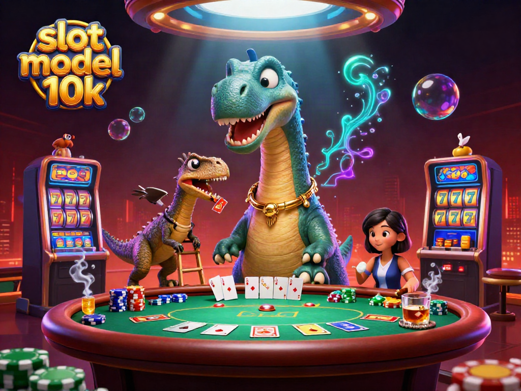 Experience a thrilling gaming scene with slot modal 10k and vibrant casino elements featuring a cartoon brontosaurus.