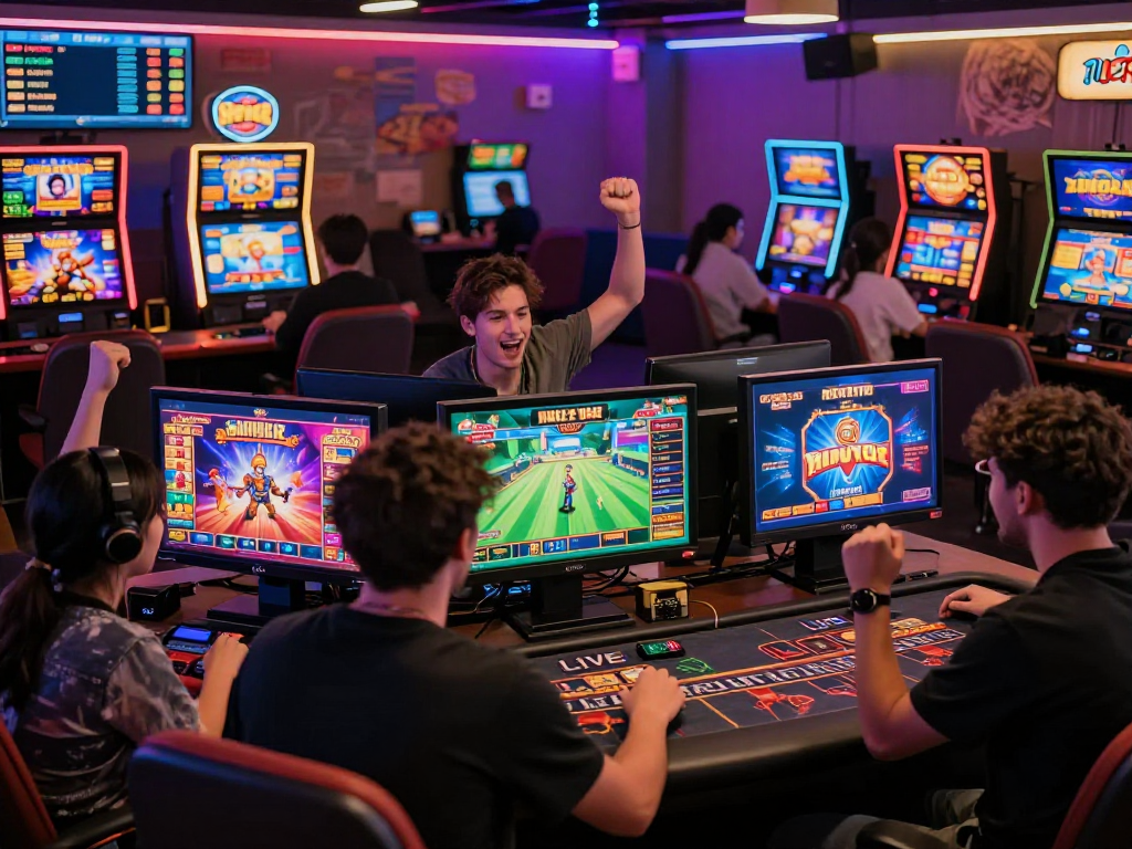 Online gaming experience on situs raja328 with players engaging in slots and live casino games, showcasing an energetic community atmosphere.