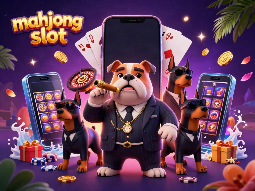 Engaging 3D scene illustrating mahjong slot action with a mafia bulldog and bodyguard Dobermans among casino elements.