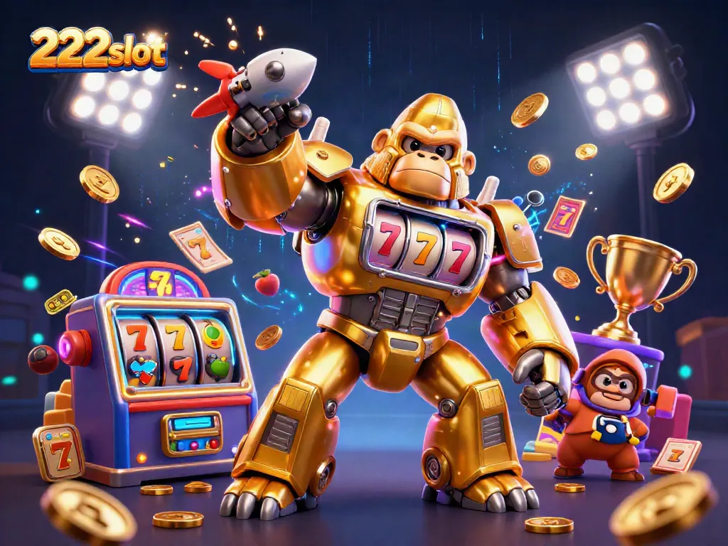 Mesin slot mekanik gorila 222slot mengalahkan jackpot dengan simbol keberuntungan dan koin meluncur.